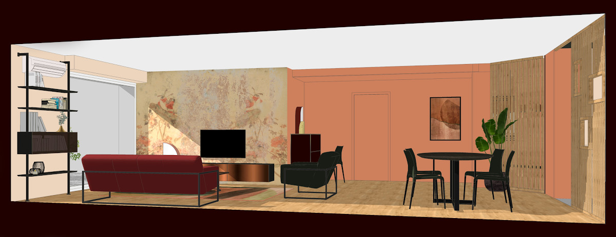 Agencement d'intérieur création d'une entrée et séparation par claustras, Choix du mobilier couleurs et papier peint. Projet chez Gabriela. Vue 3D.