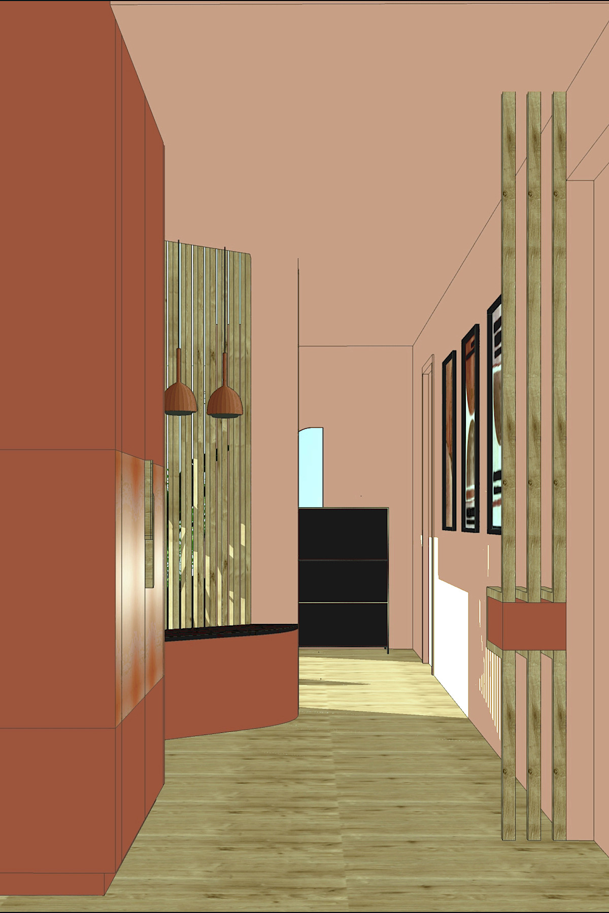 Agencement d'intérieur création d'une entrée et séparation par claustras, Choix du mobilier couleurs et papier peint. Projet chez Gabriela. Slide Vue 3D et réalisation.